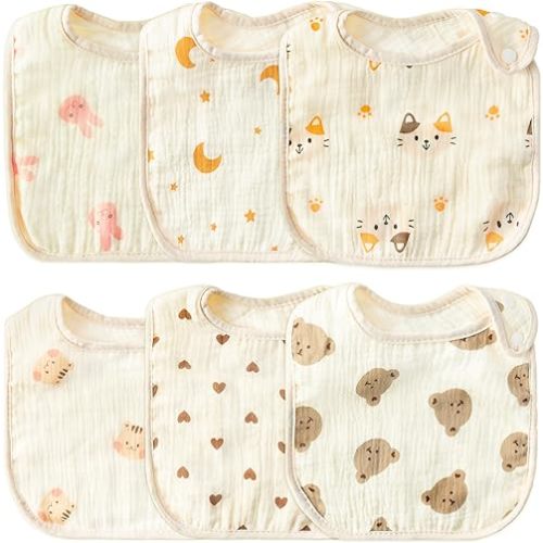 Zainpe 6Pcs Snap Muslin Cotton Baby Bibs Soft & Absorbent Burp Cloths for Newborns Drooling Feeding