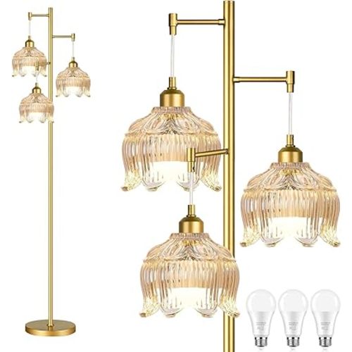 Vintage Floor Lamps for Living Room Bedroom-3 Light Gold Floor Lamp with Glass Lampshape, Flower Tall Lamp Glass Mid Century Standing Lamp Tree Floor Lamp for Living Room Corner