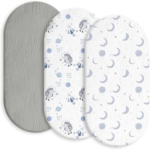 Gllquen Baby Muslin Bassinet Sheets 3 Pack, Breathable Elastic Cozy Fitted Cotton Bassinet Mattress Sheet for Baby Boy Girls, Fit for Hourglass Oval Rectangular Cradle Pad Sheets 33"X17" (Space)