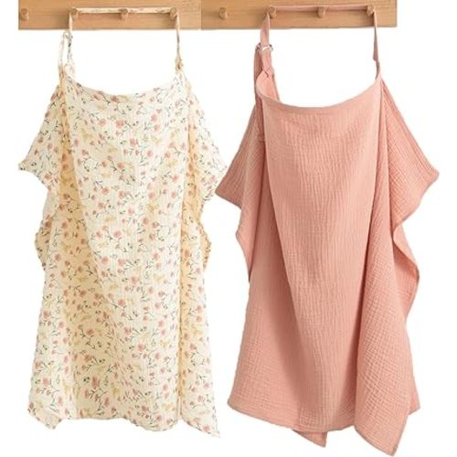Little Jump 2 Pack Muslin Nursing Cover for Baby Breastfeeding, Breathable Cotton Breastfeeding Cover with Rigid Hoop for Mother Nursing Apron (Floral & Blush Pink)