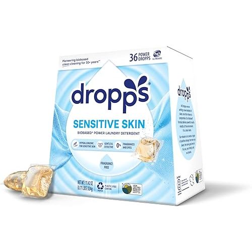 Dropps Sensitive Skin Laundry Detergent Pods, Unscented (36 Count) - Dermatologist Tested Laundry Pods - HE Compatible Laundry Supplies for Clean Clothes, Vegan & Dye-Free