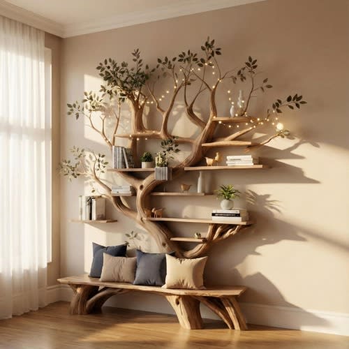 Handcrafted Wooden Tree Bookshelf with Bench – Rustic Solid Wood Bookcase for Living Spaces