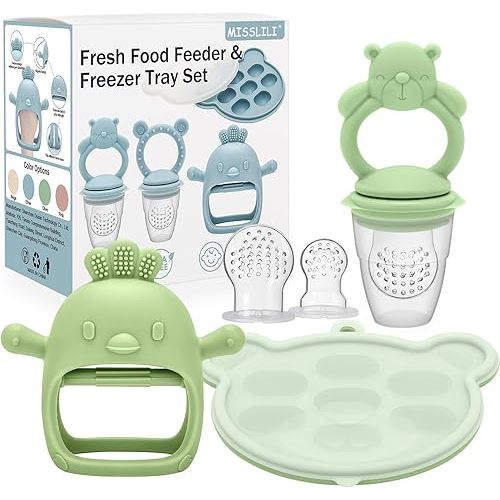 3 Pack Silicone Teething Mitten for Babies with Baby Fruit Food Feeder & Freezer Tray Set, BPA Free Infant Teething Relief Toy for 3 Month+, Additional Silicone Sacs - Bear Pink