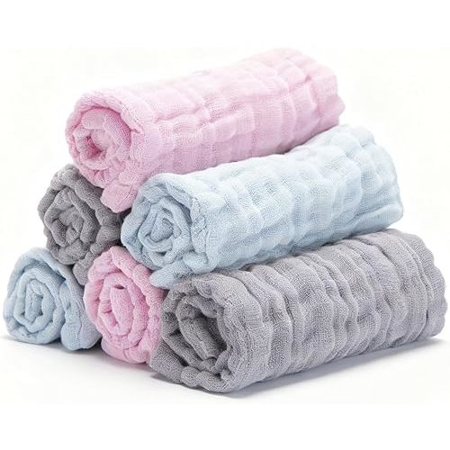 Organic Muslin Baby Washcloths 6 Pack Baby Bath Face Towel 12x12 Inch Extra Absorbent and Soft Burp Cloth and Wash Cloths for Newborn-Infants On Sensitive Skin (Grey Pink Blue)