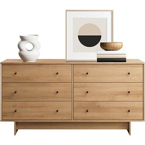 Prepac Finnley 6-Drawer Dresser in Natural Oak, Dresser for Bedroom, Extra-Wide Chest of Drawers with Storage, Modern Clothing Organizer for Home, Bedroom, Living Room, 16" D x 61" W x 31" H