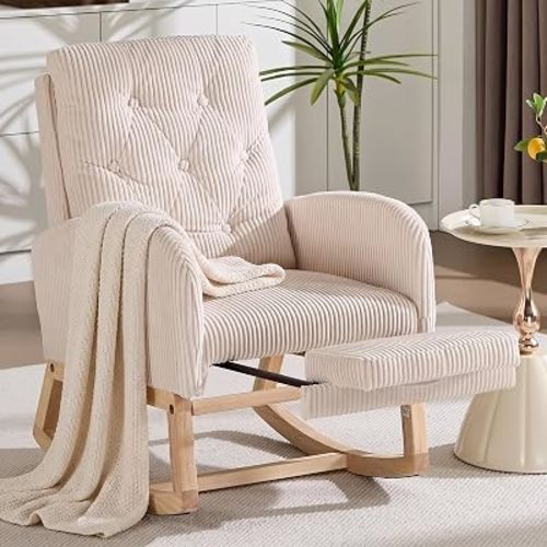 Nursery Rocking Chair, Corduroy Upholstered Glider Rocker with Adjustable Footrest, Button Tufted Glider Recliner with Side Pocket & High Back, Accent Chair for Living Room (White Corduroy)