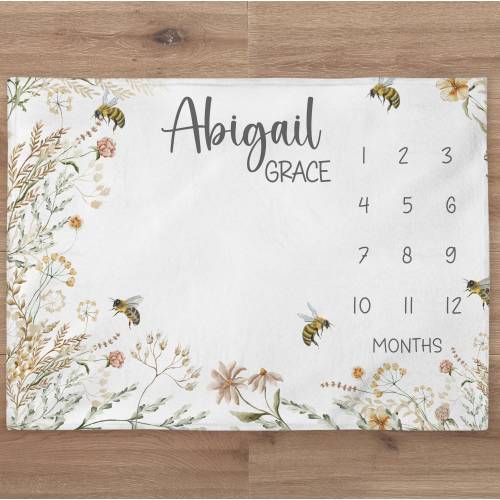 Wildflowers Milestone Blanket, Personalized Baby Girl Bee Blanket, Custom Floral Baby Month Blanket, Expecting Mom Gift, Baby Shower Gift