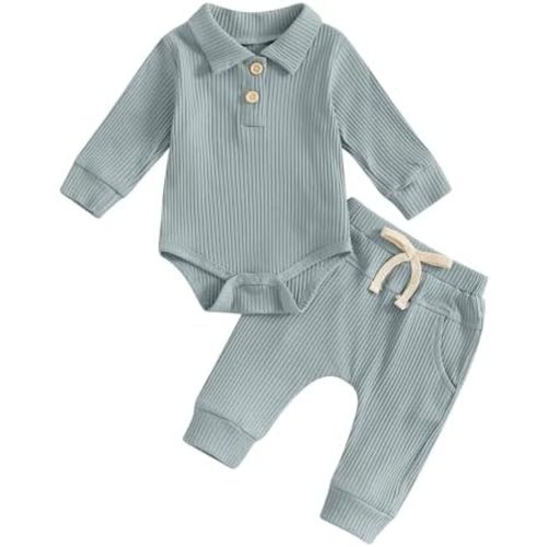 Newborn Baby Boy Girl Clothes Ribbed Knitted Long Sleeve Romper Pants Solid Cotton Infant Fall Winter Outfits 2Pcs