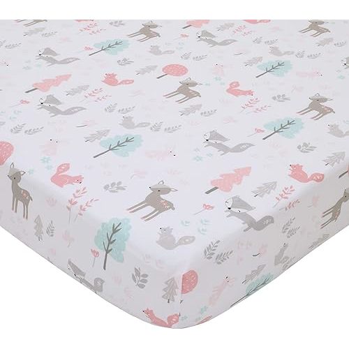 Sweet Forest Friends - Pink, Aqua, Grey and White 100% Cotton Fitted Crib Sheet
