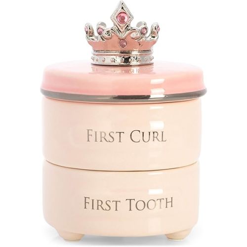 DEMDACO First Tooth and Curl Pink Ceramic Stoneware Children's Stackable Keepsake Box, 1 Count (Pack of 1)