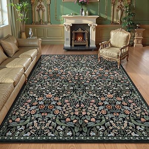 Lahome Floral 8x10 Black Rugs for Living Room, Soft Washable Large Area Rug for Bedroom Dining Room, Botanical Lightweight Stain-Resistant Boho Carpet for Guestroom Indoor