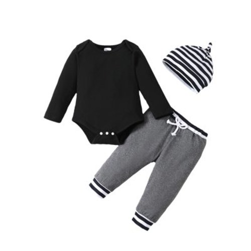 Kucnuzki Newborn Baby Boys Winter Outfits 0-3 Months Baby Boys Casual Clothing Sets Long Sleeves Romper Solid Color Pullover Top Drawstring Pants with Striped Hat 3pcs Pant Sets Black