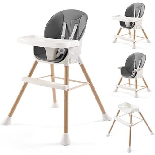 6-in-1 Convertible High Chair for Babies & Toddlers, Baby Feeding Chair with Adjustable Legs & Double Dishwasher Safe Tray, Infants Eating Chair Footrest&Safety Harness Boys Girls,Dark Gray