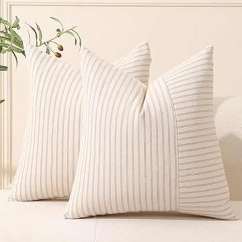 Hckot Khaki and Beige Patchwork Farmhouse Throw Pillow Covers 16 x 16 Inch, Pack of 2 Striped Linen Decorative Pillow Case for Sofa Couch Chair Bedroom Modern Decor (16" x 16", Khaki)