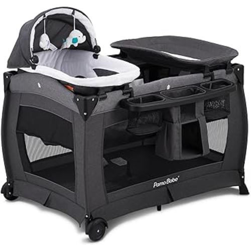 Pamo Babe Deluxe Nursery Center, Foldable Playard for Baby & Toddler, Bassinet, Mattress, Changing Table for Newborn(Black)