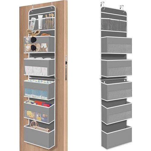 SpaceHacks 6-Tier Over The Door Organizer, Hanging Storage Organizer with Clear Window, 40lb Ultra Sturdy Large Capacity Room Organizer for Pantry Bathroom Nursery Closet Baby Essential (Grey)