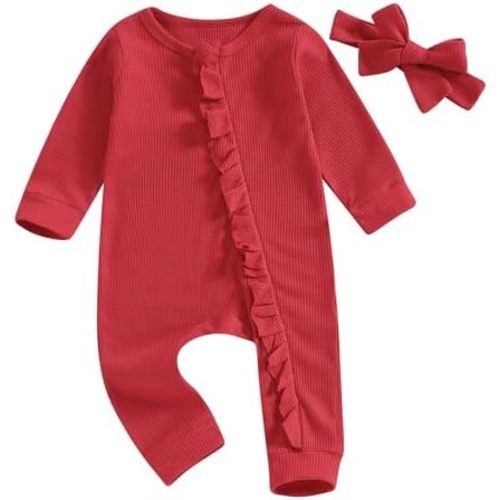 MoZiKQin Newborn Baby Girl Ruffle Romper Knit Sweater Onesie Jumpsuit Long Sleeve Zipper Romper Solid Fall Winter Outfits