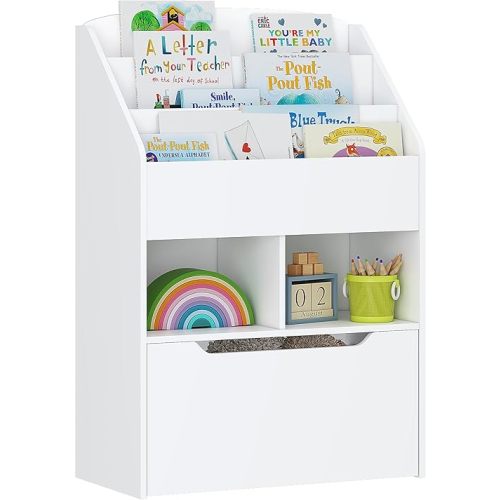 UTEX Bookshelf for Kids, Wooden Book Display, Kids Bookshelf and Toy Storage, Children Book Rack Bookcase Toybox Combo for Bedroom & Nursery, White