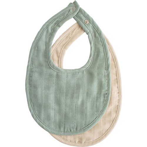 mushie Muslin Baby Bib | Soft Cotton for Infant Drips, Drools & Feedings | Adjustable Fit | 2 Pack - Roman Green/Fog