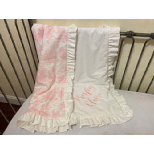 Pink Toile Crib Bedding, Girl Baby Bedding, Scalloped Crib Rail Cover, - Just Baby Designs