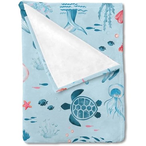 Baby Toddler Ocean Marine Animals Gift Blanket Boy Soft Flannel Swaddle Blankets Sea Turtle Whale Jellyfish Sea Horse Weeds Receiving Cover Nursery Stroller Crib Bed Throw Nautical 50x60