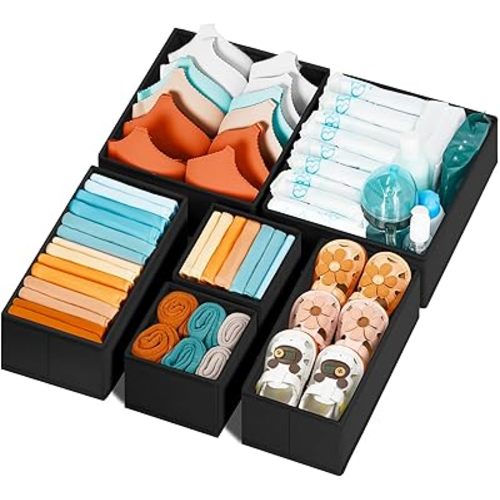 Criusia Drawer Organizer - 6 Pack Clothes Bins for Bedroom & Nursery - Dividers for Socks, Underwear & Baby Clothes - Black