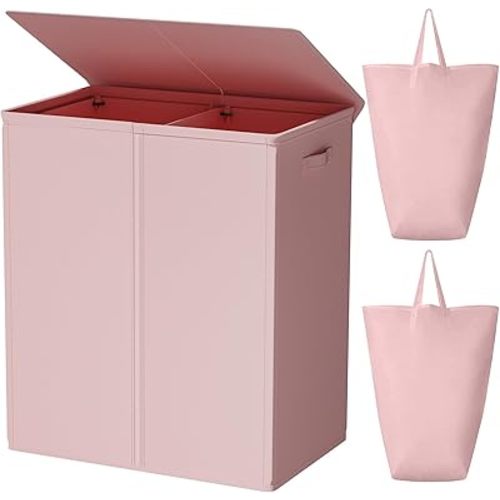 WOWLIVE 154L Double Laundry Hamper with Lid and Removable Laundry Bags, Large Dirty Clothes Hamper 2 section Collapsible Laundry Basket Dorm Room Storage for Bedroom, Bathroom, College,Pink
