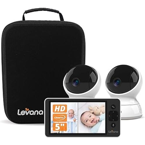 Levana Ella Video Baby Monitor, 5'' 720P Screen, 2 PTZ Cameras, 4 Days Battery Life, 3800mAh Battery, Night Vision, Two-Way Talk, No WiFi, 1000ft. Long Range Baby Monitor with Premium Carrying Case