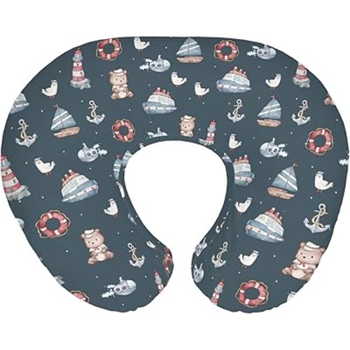 Sailor Bear Watercolor Baby Nursing Pillow Covers for Boy Girl Bear Lighthouse Anchors Boats Nursery Pillowcase for Breastfeeding Pillows Coastal Nautical Soft Stretchy Slipcovers for Newborn Infant
