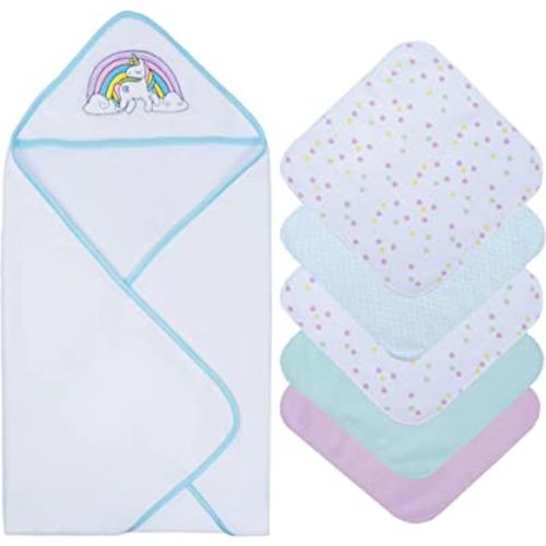 saftan Baby Bath Hooded Towels Set with 5 Baby Washcloths, Super Soft and Absorbent Baby Towel and Face Cloths for Newborn, Baby Essentials for Newborn Boys and Girls