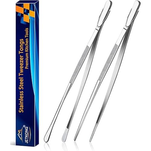 JETKONG 2 Pcs 12-Inch Kitchen Tweezers Fine Tweezer Tongs, Extra-Long Stainless Steel Cooking Tweezers (Silver)