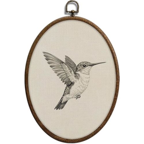 Hummingbird Sketch Oval Wall Art, Vintage Black and White Bird Oval Framed Wall Art, Waterproof Cottage Core Home Decor for Western Farmhouse Bedroom Living Room, Home Retro Decor Products, 03