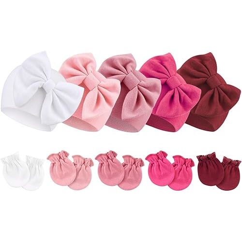 BQUBO Newborn Baby Girls Hats Mittens Set Hospital Hat Beanie Infant Bow Hats Baby Cotton Gloves for 0-6 Months