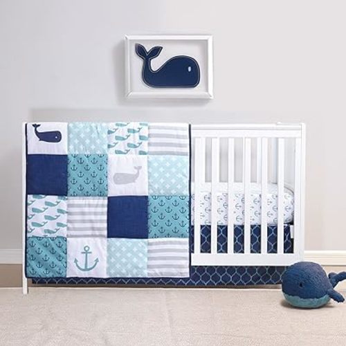 Nautical 4 Piece Whales Baby Crib Bedding Set for Boys Includes Plush Animal Whale