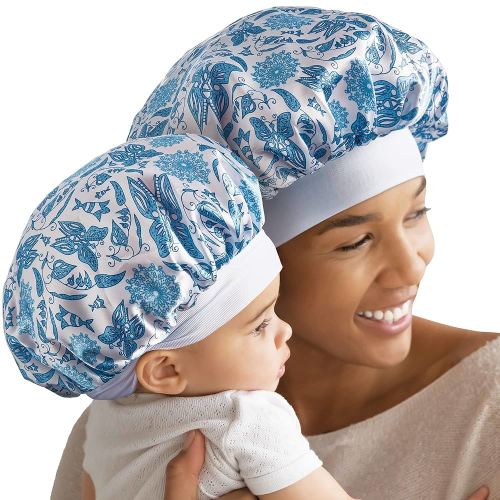 Red by Kiss 2-in-1 Mommy & Me Satin Bonnet Sleep Cap for Adult and Babies, Soft, Stretchy, and Safe, Protects Fragile Hair from Frizz & Breakage, Friction Bald Spots (Paisley, 6-18M)