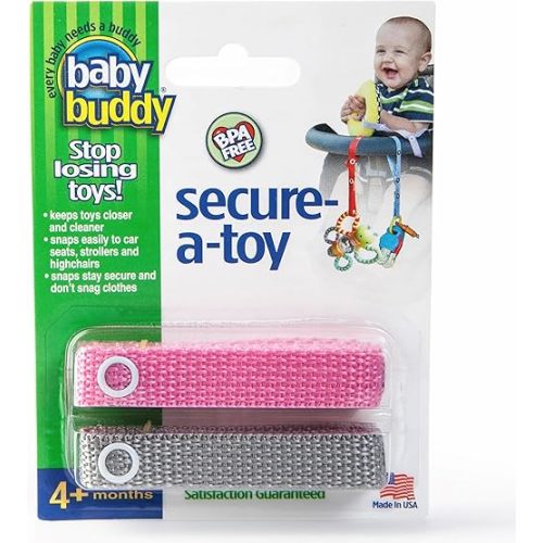 Baby Buddy Secure-a-Toy, Adjustable Pacifier and Teether Strap for Stroller, Highchair, and Car Seat, Pink Gray, 2 pack