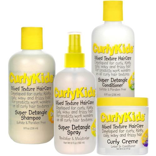 CurlyKids Textured Hair Care Set with Hair Detangler Spray, Kids Shampoo, Conditioner & Creme for Curly, Frizzy, & Wavy Hair | Sulfate & Paraben-Free Formula to Detangle, Hydrate, and Revitalize Curls