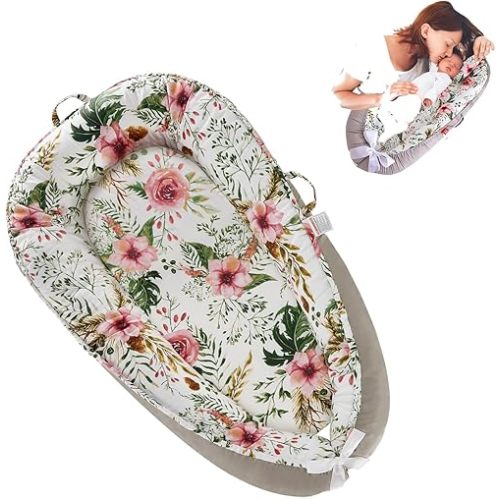 Baby Lounger for Newborn Cotton,Baby Nest Cosleeping for Baby in Bed with Handles,Newborn Lounger Adjustable Size & Inner Zipper Lengthen Space to 24 Months(Grey-Edged Flower Bouquet)