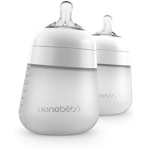 Nanobebe Flexy Silicone Baby Bottles, Anti-Colic, Natural Feel, Non-Collapsing Nipple, Non-Tip Stable Base, Easy to Clean - 2-Pack, White, 9 oz