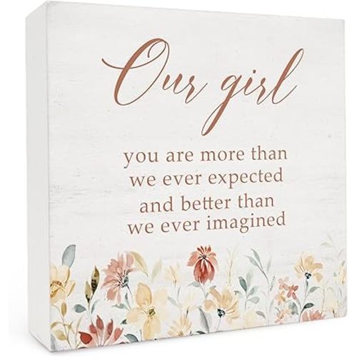 Wildflower Baby Girl Nursery Wooden Box Signs - Baby Girl Nursery Wooden Signs for Home Decor, Floral Nursery Shelf Decor, Our Girl Farmhouse Table Decor, Nursery Decor for Girls, 5x5 Inches