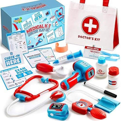 Play-Act Kids Doctor Kit, 16-Piece Medical Kit with Bag, Doctor Role Play Set with Realistic Toy Stethoscope, Reusable Record Cards, Dress Up Playset Birthday Gift for Toddlers Ages 3+