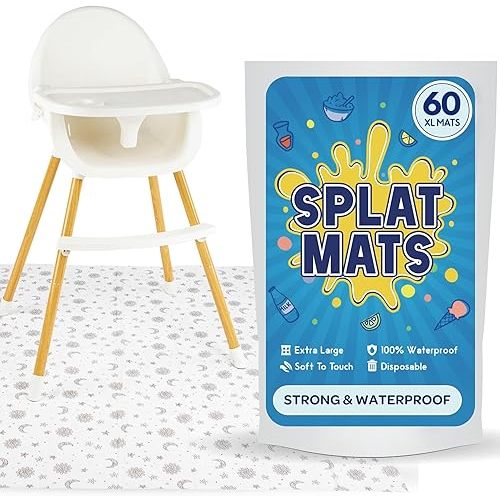 60 Pack Disposable Splat Mats by Eli with Love - Extra Large 49"x49" 100% Waterproof Baby Splat Mat for Under High Chair - Plastic Mat Liner for Floor - Protect from Spills (Moon & Stars, 60 Pack)