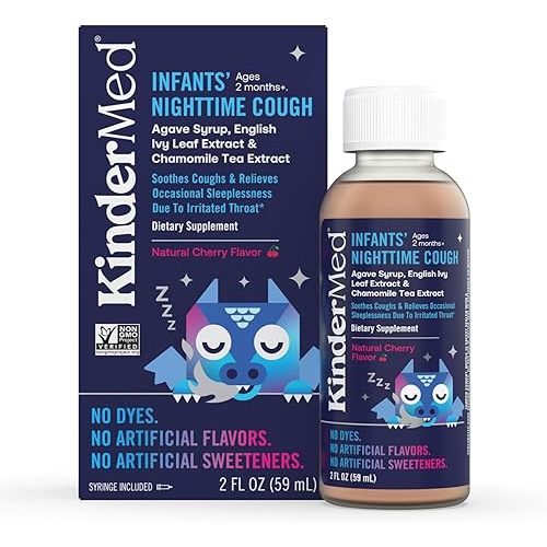 KinderMed Infants' Nighttime Cough, Organic Agave Syrup, English Ivy Leaf Extract, Chamomile Tea Extract, No Dyes, No Artificial Flavors or Sweeteners, Ages 2 Months+, Natural Cherry Flavor (2 Fl Oz)