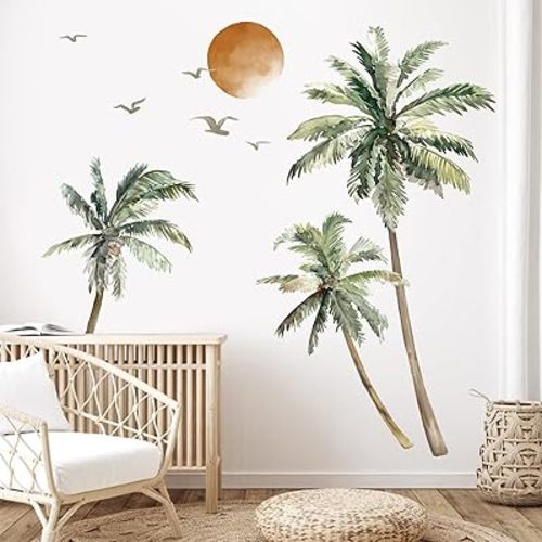 wondever Boho Palm Tree Wall Stickers Large Tropical Tree Sunset Peel and Stick Wall Art Decals for Living Room Bedroom TV Background (H: 63.8 inch)