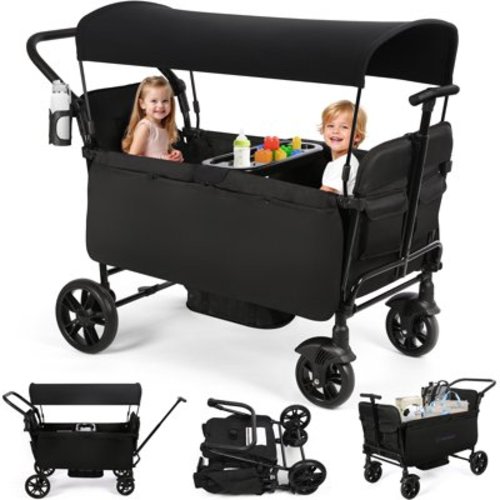Vomeast Wagon Stroller for Kids, Spacious 2-Seater Stroller Wagon with Adjustable Canopy, Pull & Push Handle, 5-Point Harness, Foldable for Toddlers, Black