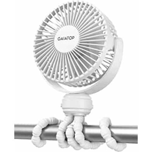 Gaiatop Mini Portable Stroller Fan, Battery Operated Small Clip on Fan, Detachable 3 Speed Rechargeable 360° Rotate Flexible Tripod Handheld Desk Cooling Fan for Car Seat Crib Treadmill Travel White