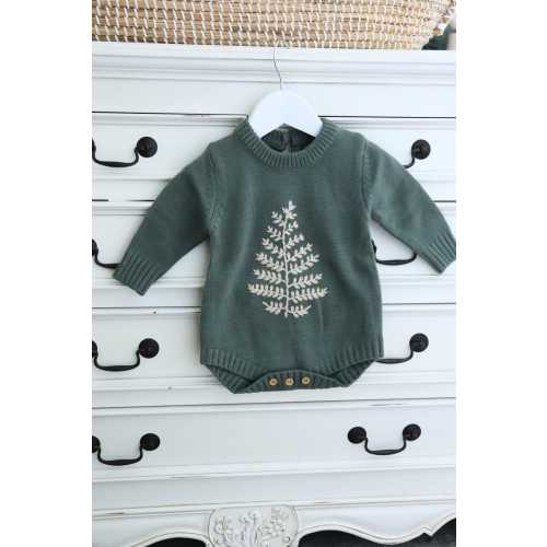 Warm Baby knit romper with Fern embroidery, boho baby outfit, soft knit clothes, Nature embroidered dungarees, Green embroidered romper