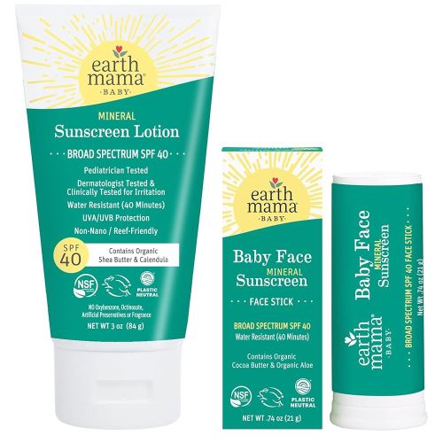 Earth Mama Baby Face Mineral Sunscreen Stick & Lotion Set, SPF 40 | Reef Safe, Non-Nano Zinc, Contains Organic Cocoa Butter, Shea Butter, Aloe & Calendula | Babies, Kids & Family