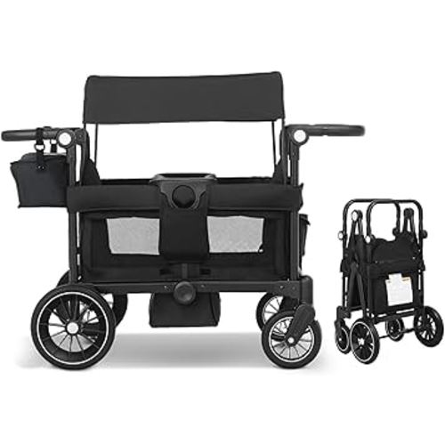 Wagon Stroller for 2 Kids, All-Terrain Stroller Wagon, Foldable Kids Wagon Cart Featuring with Harnesses, Adjustable Double Push Handle, Removable Canopy, Snack Tray, Large Storage Bag, Black
