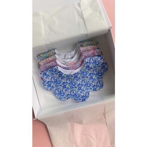Set of 4 Liberty London baby dribble scalloped bibs, optional personalisation, new baby gift box optional, name personalised gift christmas